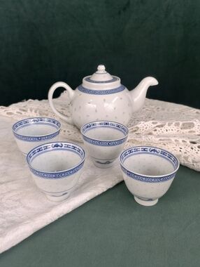 Vintage Chinese Blue and White Rice Grain Linglong Porcelain Tea Set